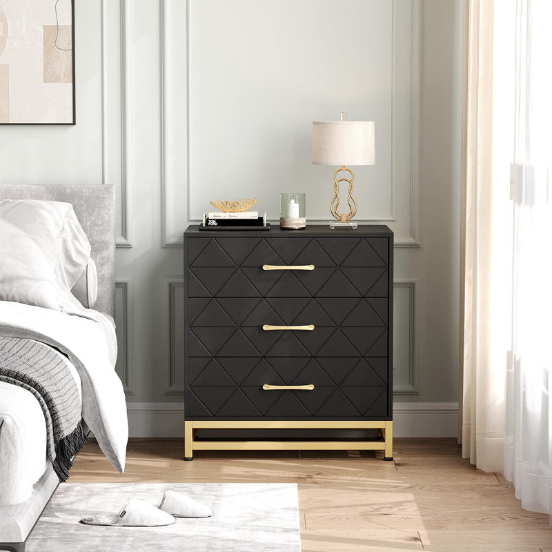 Elegant Bedroom Dresser, Geometric Drawer Front with Gold Accents and Legs
