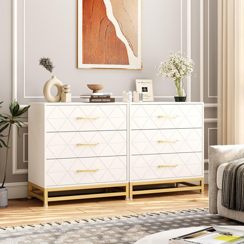 Elegant Bedroom Dresser, Geometric Drawer Front with Gold Accents and Legs