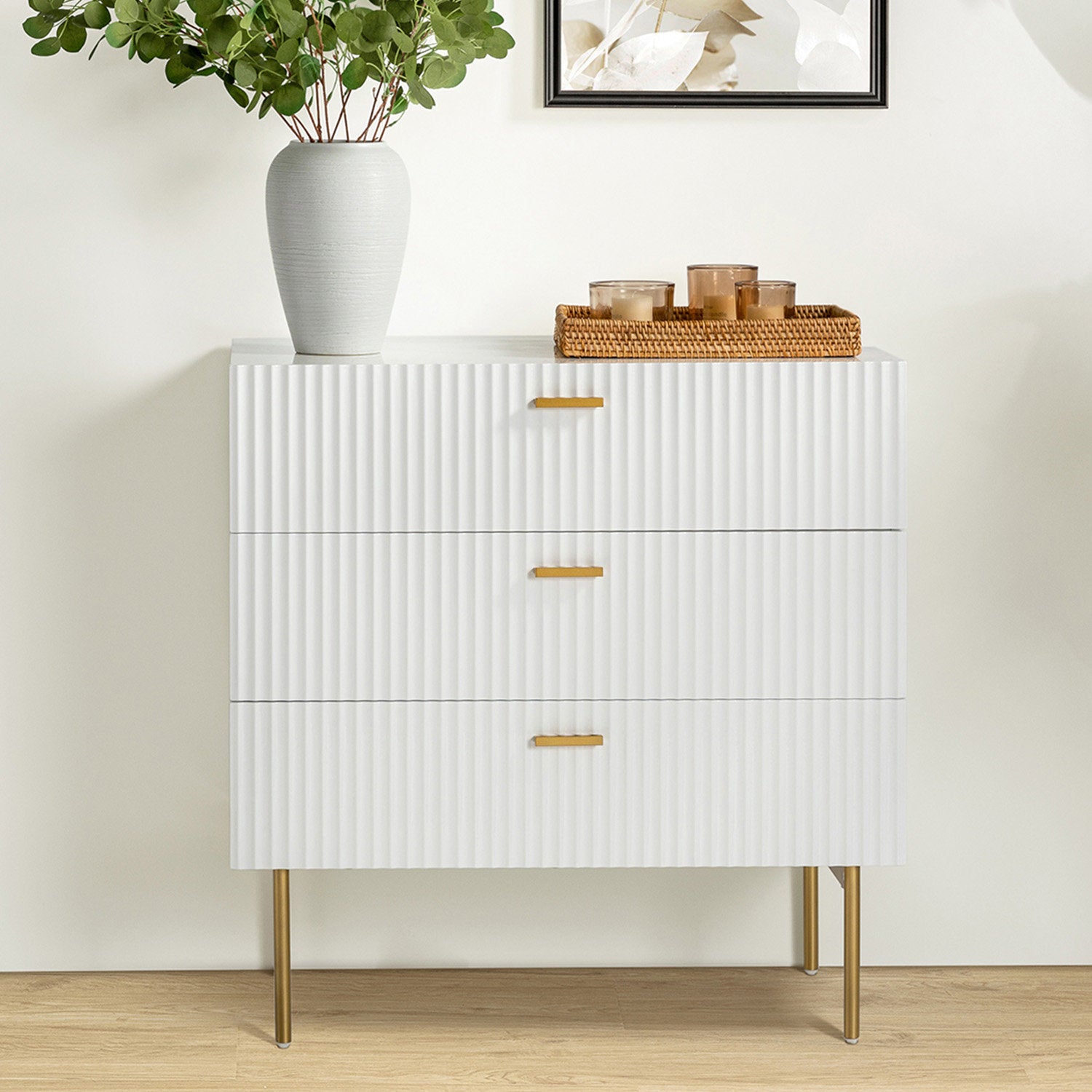 Modern Fluted 3-Drawer Dresser with Gold Handles and Metal Legs