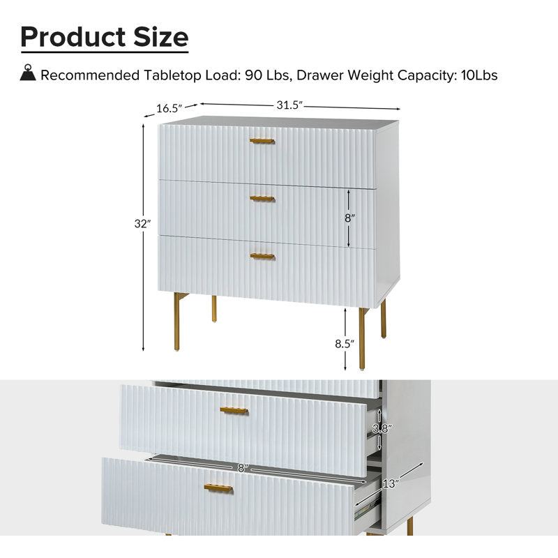 Modern Fluted 3-Drawer Dresser with Gold Handles and Metal Legs
