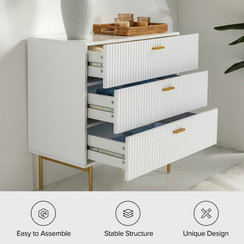Modern Fluted 3-Drawer Dresser with Gold Handles and Metal Legs