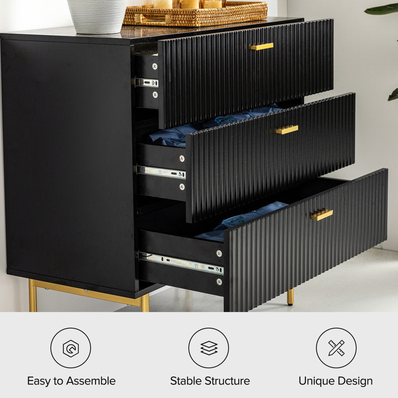 Modern Fluted 3-Drawer Dresser with Gold Handles and Metal Legs