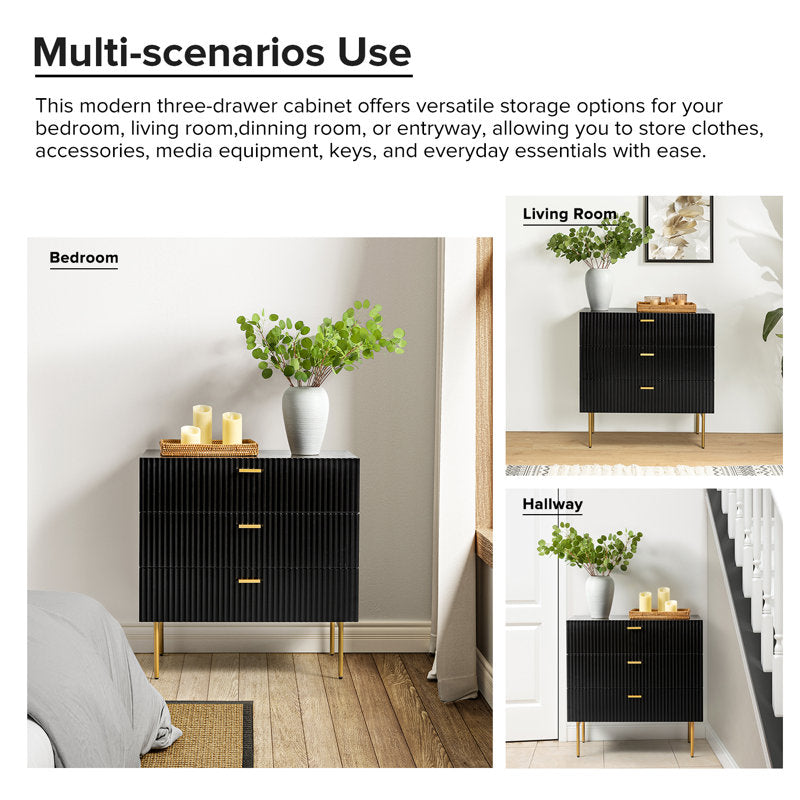 Modern Fluted 3-Drawer Dresser with Gold Handles and Metal Legs