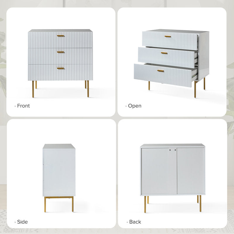 Modern Fluted 3-Drawer Dresser with Gold Handles and Metal Legs