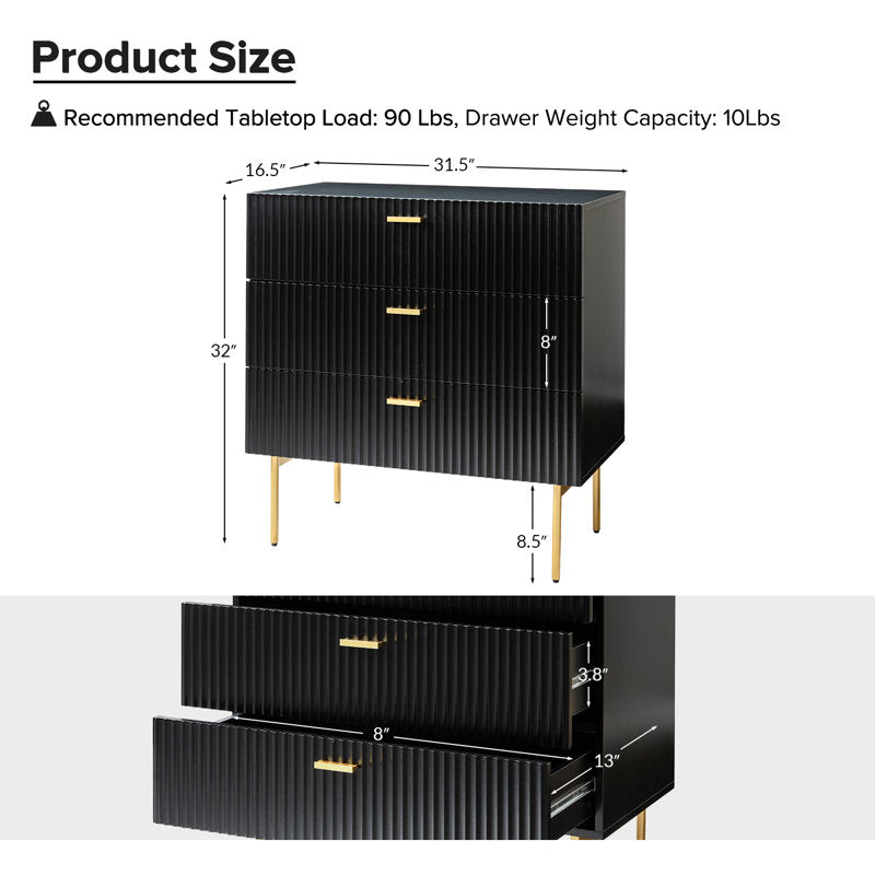 Modern Fluted 3-Drawer Dresser with Gold Handles and Metal Legs