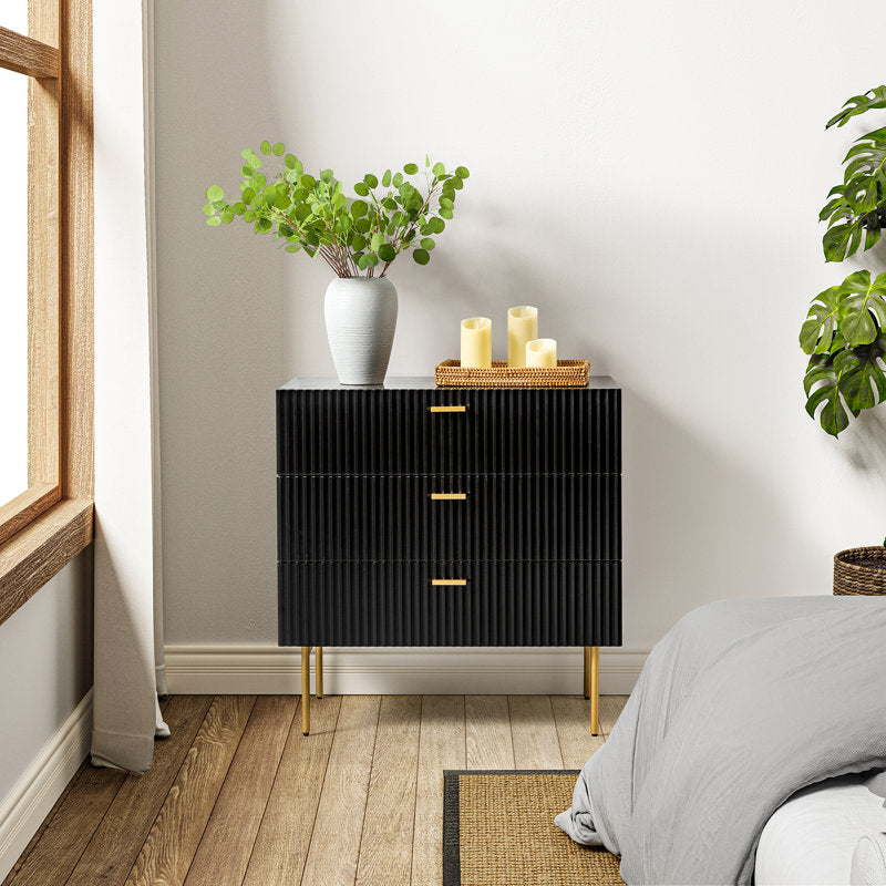 Modern Fluted 3-Drawer Dresser with Gold Handles and Metal Legs