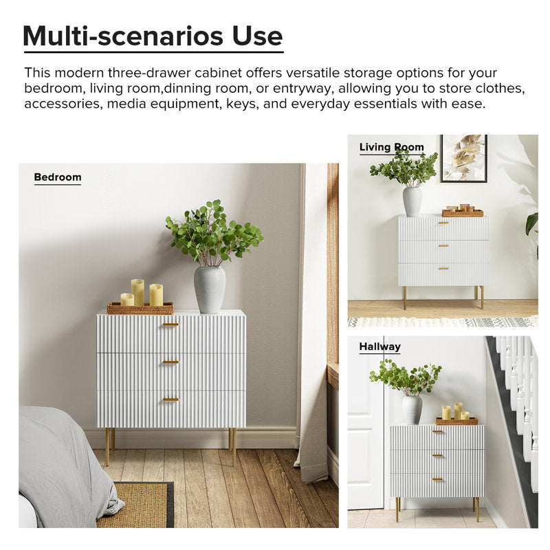 Modern Fluted 3-Drawer Dresser with Gold Handles and Metal Legs