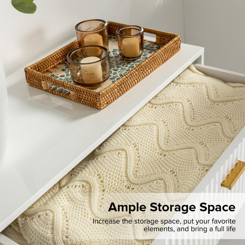 Modern Fluted 3-Drawer Dresser with Gold Handles and Metal Legs