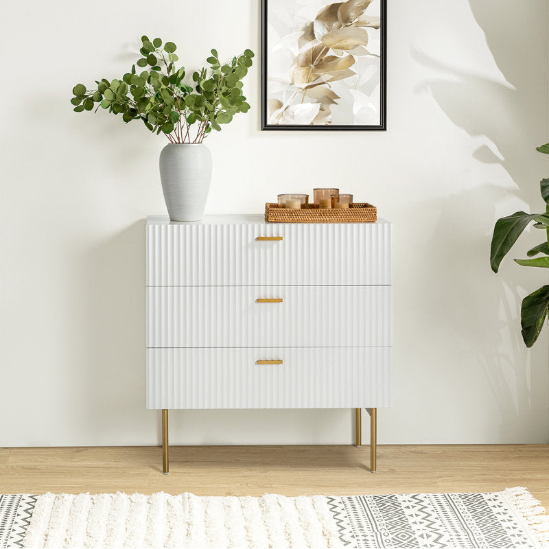 Modern Fluted 3-Drawer Dresser with Gold Handles and Metal Legs