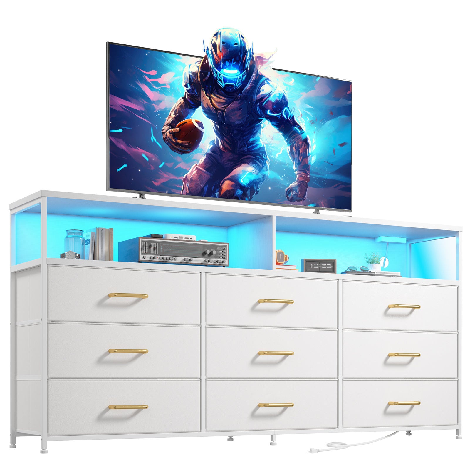 Contemporary Entertainment Center with LED Lighting, 6 Storage Drawers, and Media Shelves