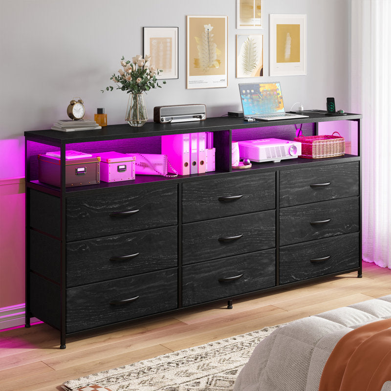Contemporary Entertainment Center with LED Lighting, 6 Storage Drawers, and Media Shelves