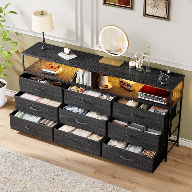 Contemporary Entertainment Center with LED Lighting, 6 Storage Drawers, and Media Shelves