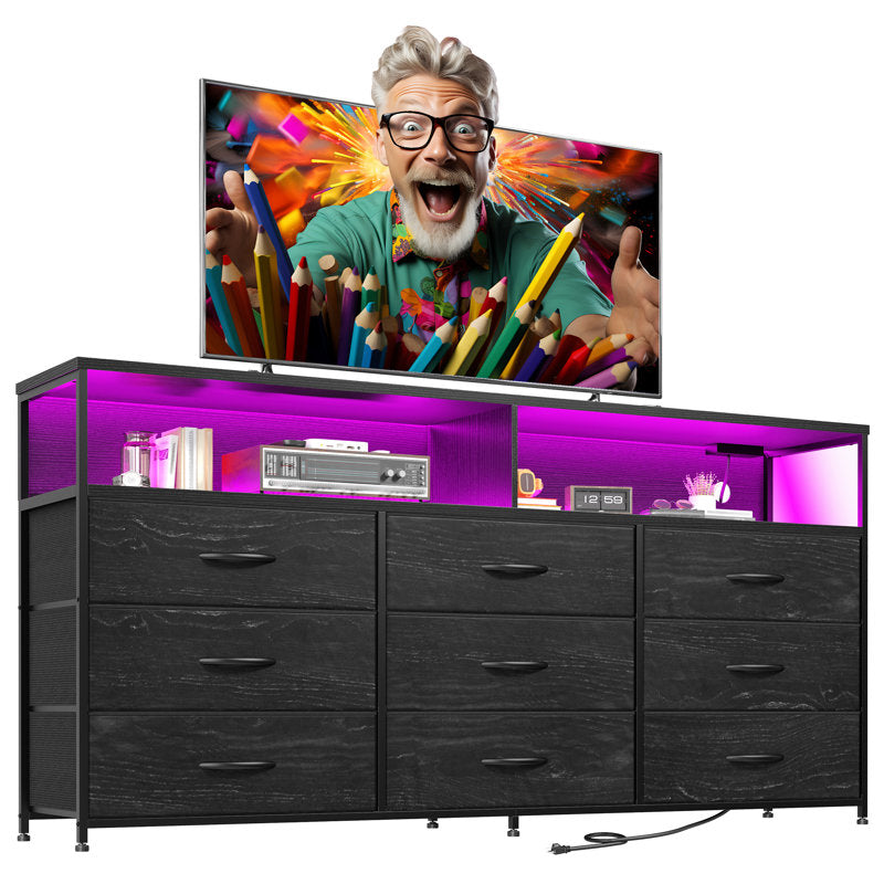 Contemporary Entertainment Center with LED Lighting, 6 Storage Drawers, and Media Shelves