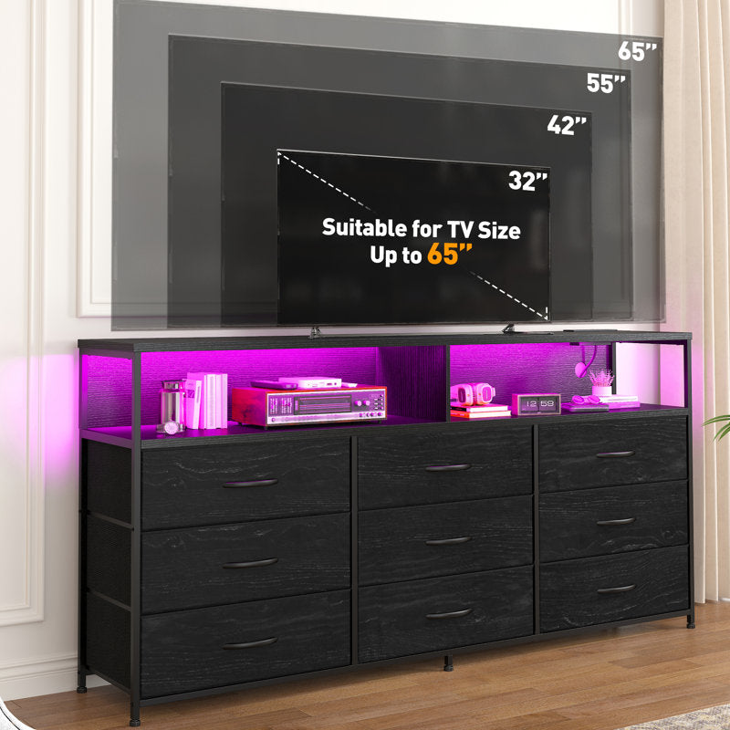 Contemporary Entertainment Center with LED Lighting, 6 Storage Drawers, and Media Shelves