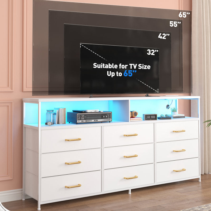 Contemporary Entertainment Center with LED Lighting, 6 Storage Drawers, and Media Shelves