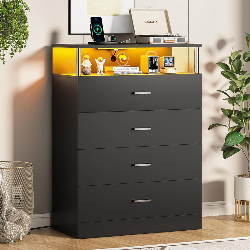 Modern Dresser with LED Light Shelf and 4 Drawers, Contemporary Storage Chest