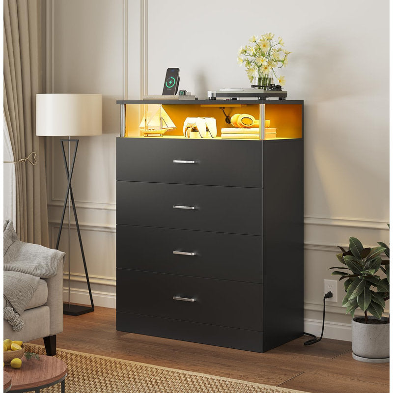 Modern Dresser with LED Light Shelf and 4 Drawers, Contemporary Storage Chest