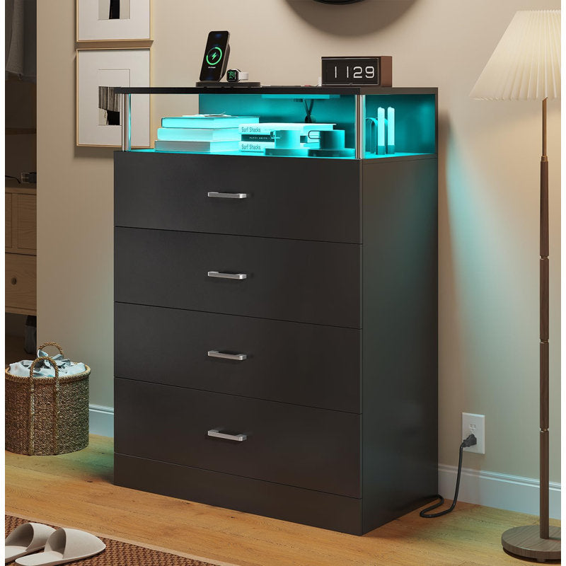 Modern Dresser with LED Light Shelf and 4 Drawers, Contemporary Storage Chest
