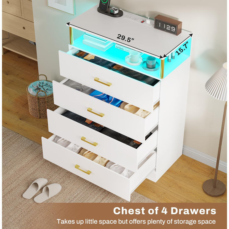 Modern Dresser with LED Light Shelf and 4 Drawers, Contemporary Storage Chest