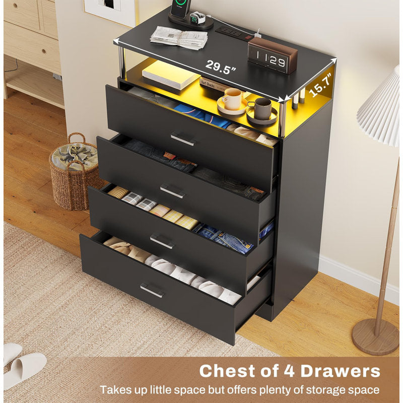 Modern Dresser with LED Light Shelf and 4 Drawers, Contemporary Storage Chest