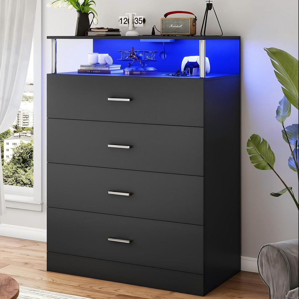 Modern Dresser with LED Light Shelf and 4 Drawers, Contemporary Storage Chest
