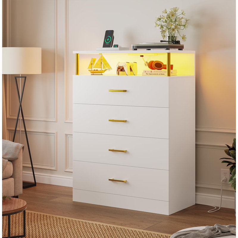 Modern Dresser with LED Light Shelf and 4 Drawers, Contemporary Storage Chest