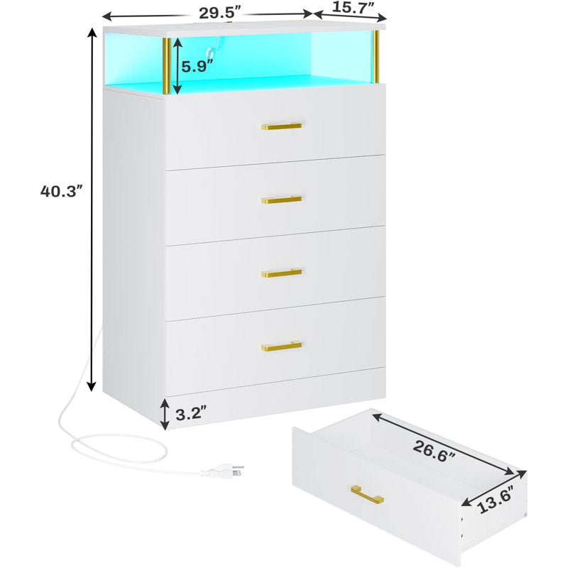Modern Dresser with LED Light Shelf and 4 Drawers, Contemporary Storage Chest