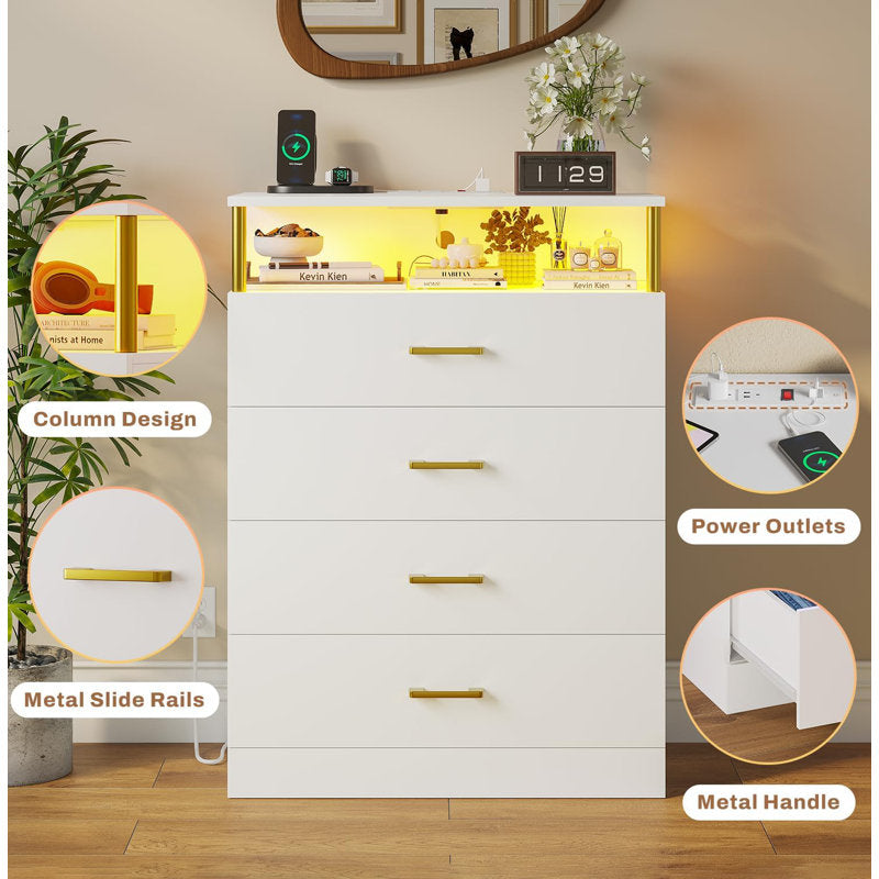 Modern Dresser with LED Light Shelf and 4 Drawers, Contemporary Storage Chest