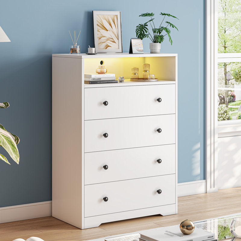 LED Drawer Dresser with Open Display Shelf and Gold Hardware, Stylish Storage Solution