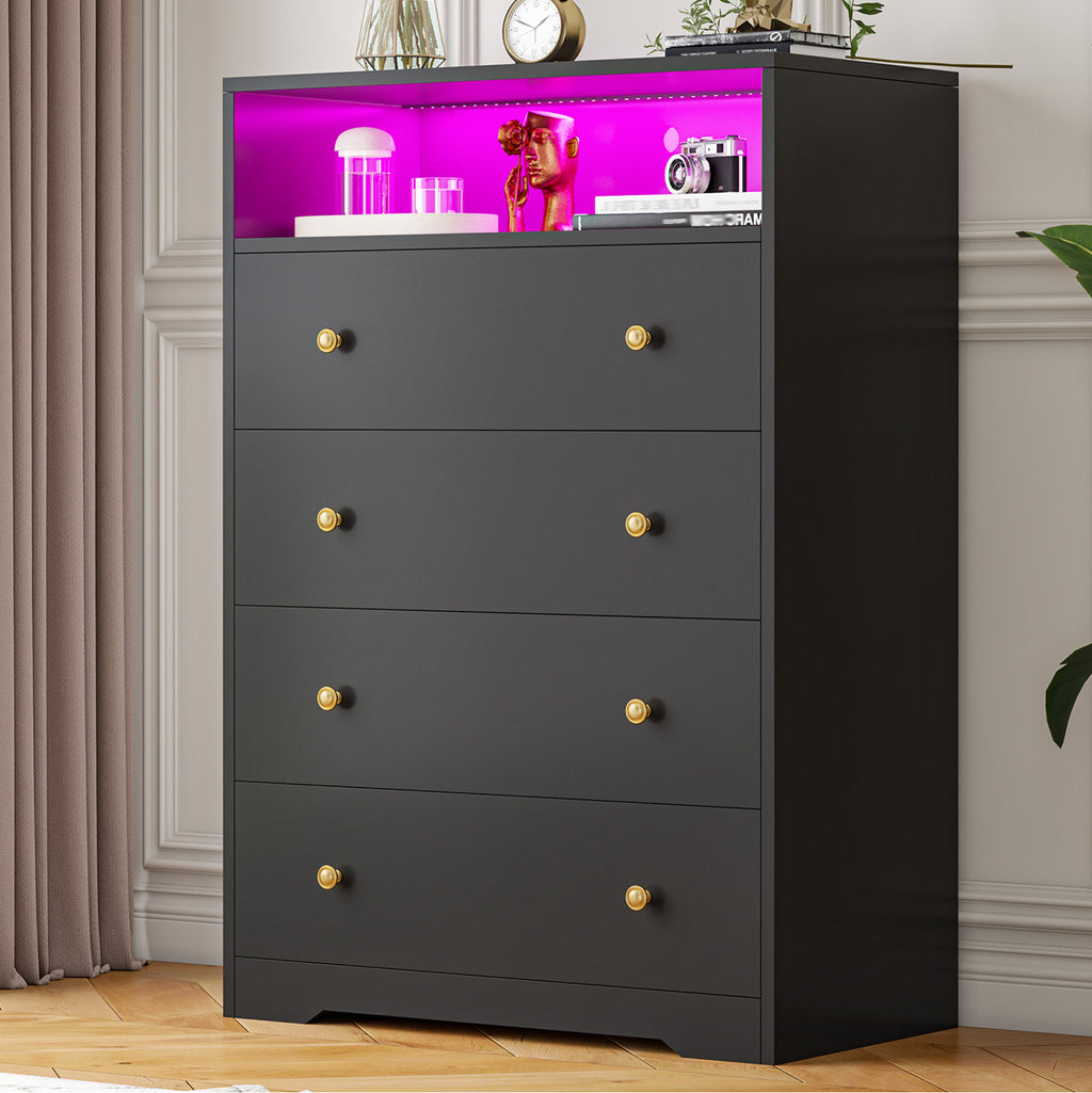 LED Drawer Dresser with Open Display Shelf and Gold Hardware, Stylish Storage Solution