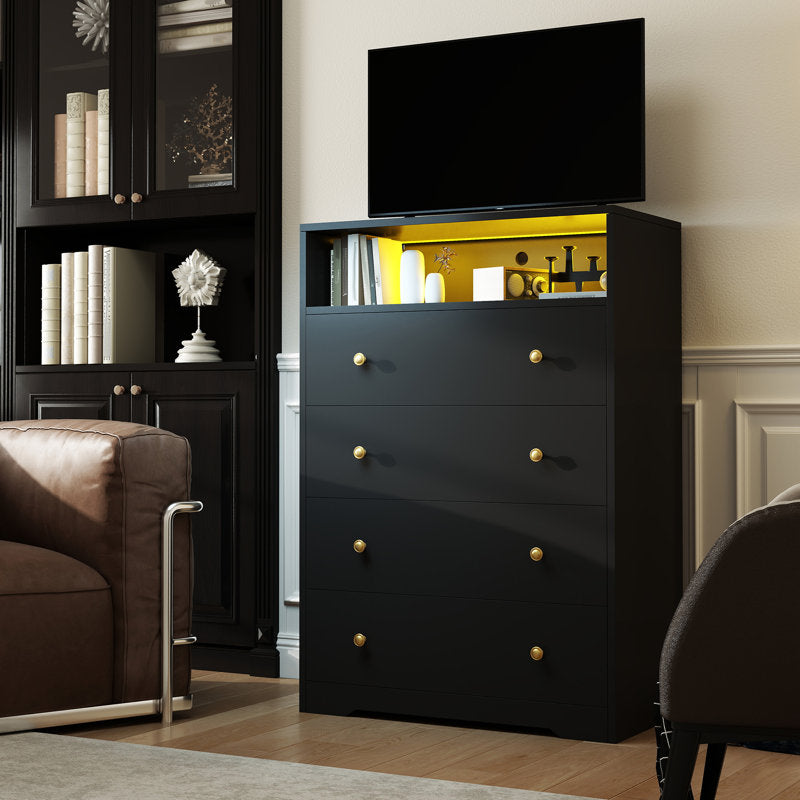 LED Drawer Dresser with Open Display Shelf and Gold Hardware, Stylish Storage Solution