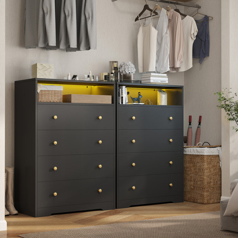 LED Drawer Dresser with Open Display Shelf and Gold Hardware, Stylish Storage Solution
