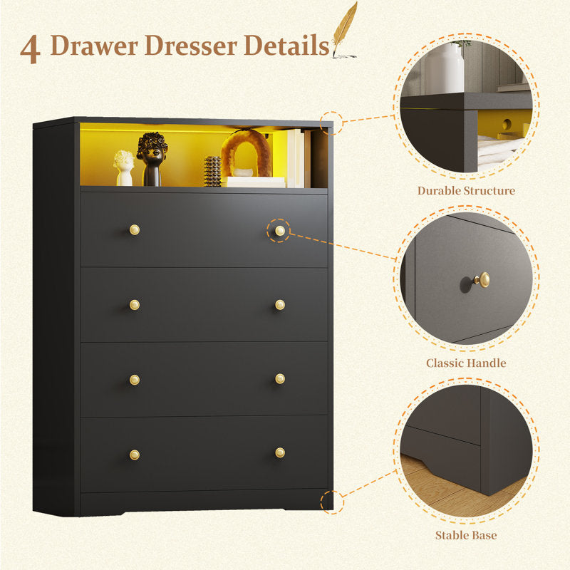 LED Drawer Dresser with Open Display Shelf and Gold Hardware, Stylish Storage Solution