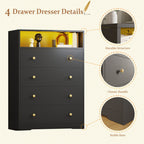 LED Drawer Dresser with Open Display Shelf and Gold Hardware, Stylish Storage Solution
