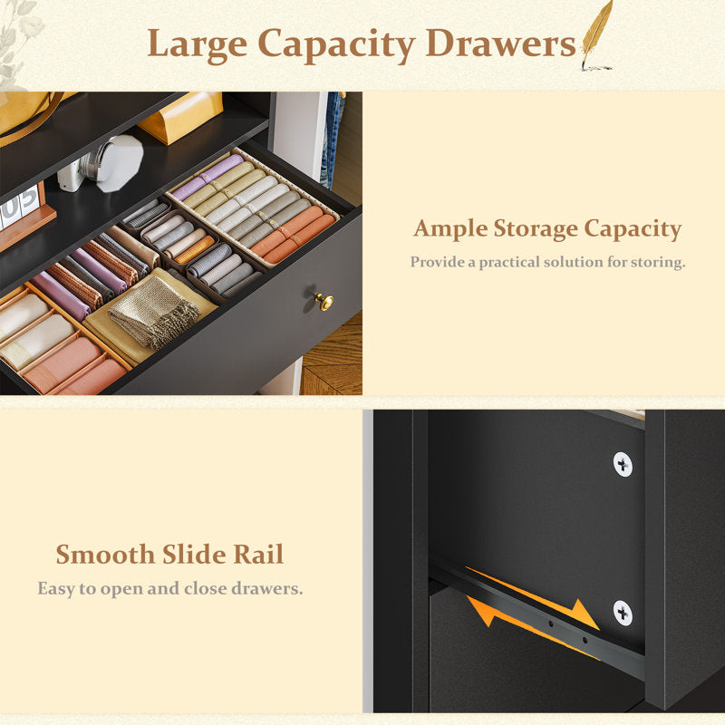 LED Drawer Dresser with Open Display Shelf and Gold Hardware, Stylish Storage Solution