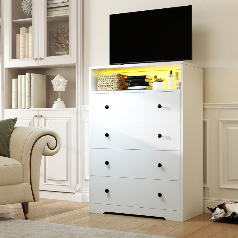 LED Drawer Dresser with Open Display Shelf and Gold Hardware, Stylish Storage Solution