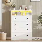 LED Drawer Dresser with Open Display Shelf and Gold Hardware, Stylish Storage Solution