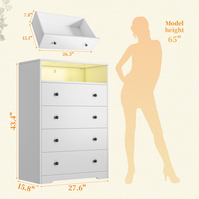 LED Drawer Dresser with Open Display Shelf and Gold Hardware, Stylish Storage Solution