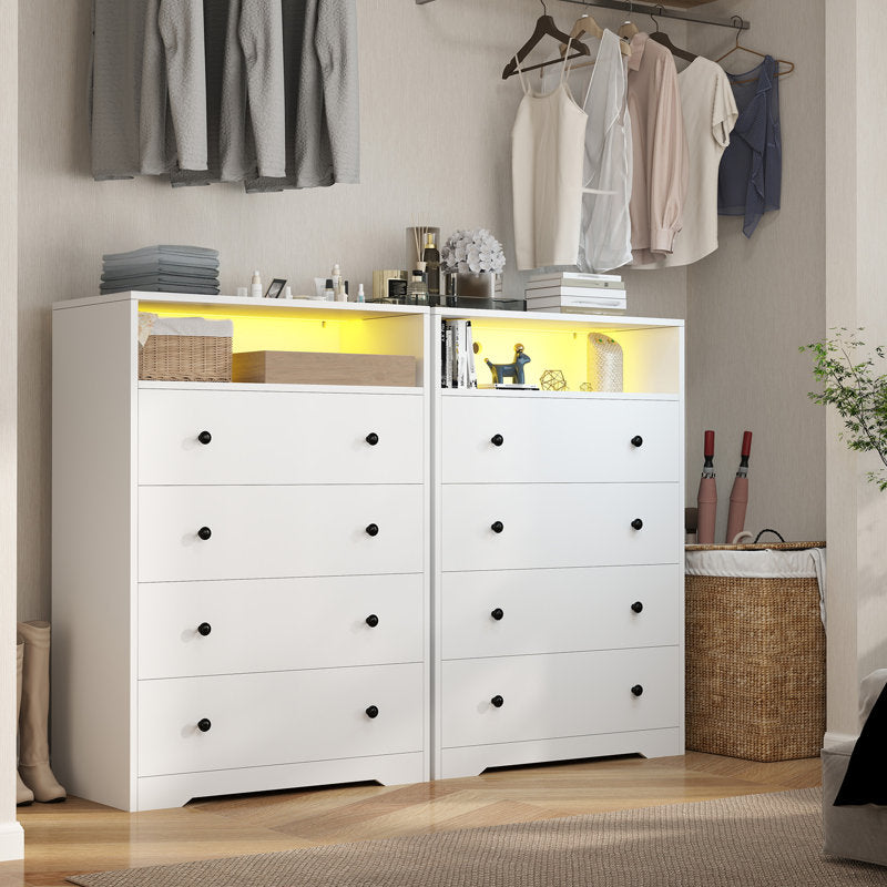 LED Drawer Dresser with Open Display Shelf and Gold Hardware, Stylish Storage Solution