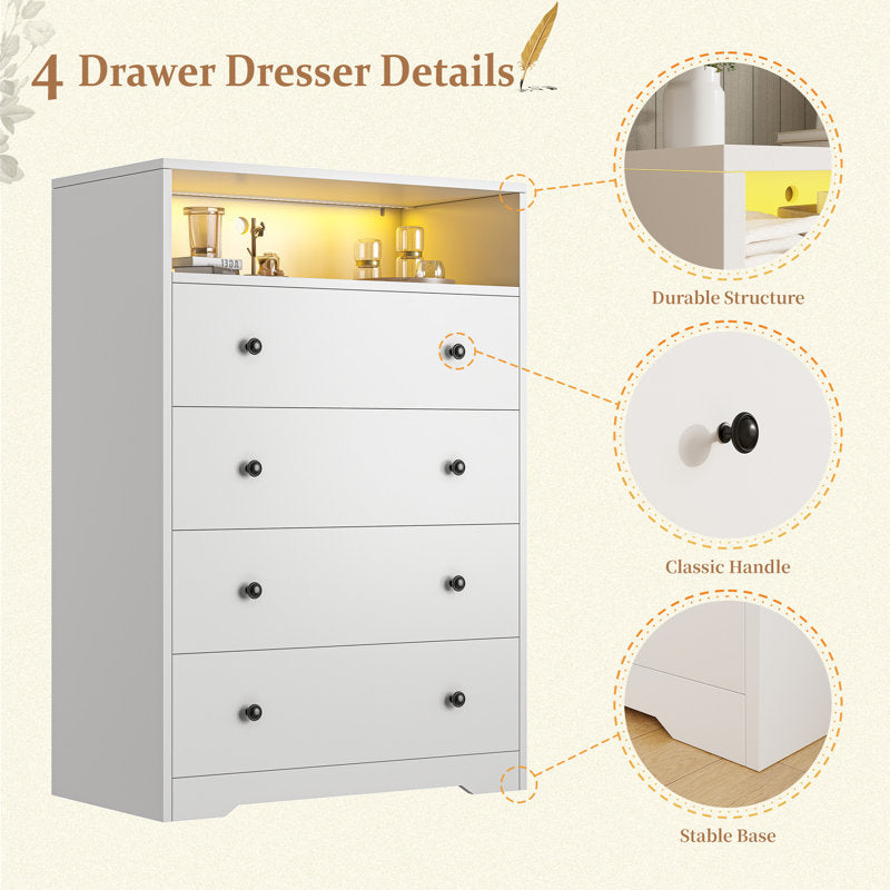 LED Drawer Dresser with Open Display Shelf and Gold Hardware, Stylish Storage Solution