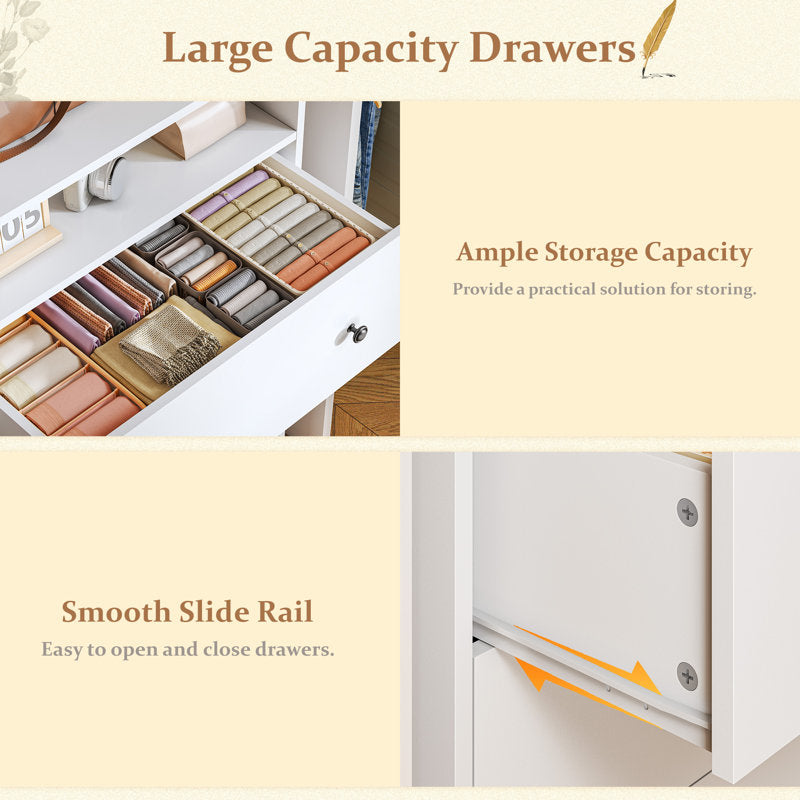 LED Drawer Dresser with Open Display Shelf and Gold Hardware, Stylish Storage Solution