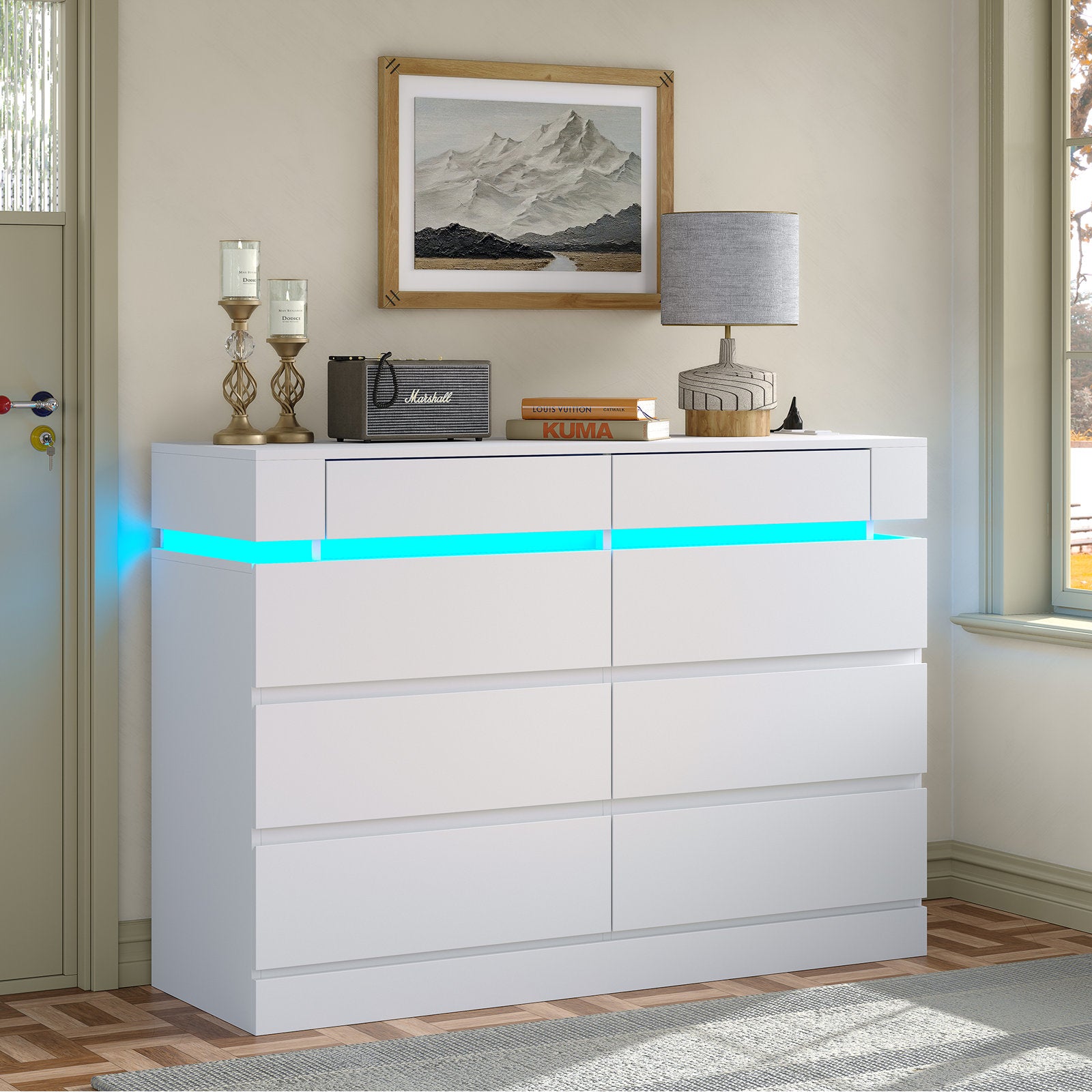 Wide Bedroom Dresser with LED Accent Shelf, Minimalist Storage Cabinet