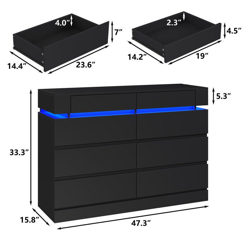 Wide Bedroom Dresser with LED Accent Shelf, Minimalist Storage Cabinet