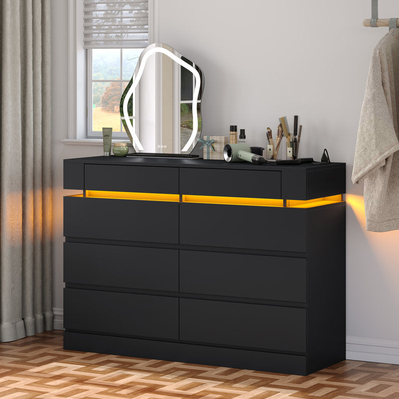 Wide Bedroom Dresser with LED Accent Shelf, Minimalist Storage Cabinet