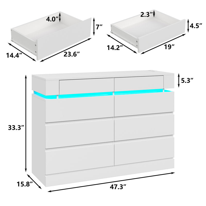Wide Bedroom Dresser with LED Accent Shelf, Minimalist Storage Cabinet