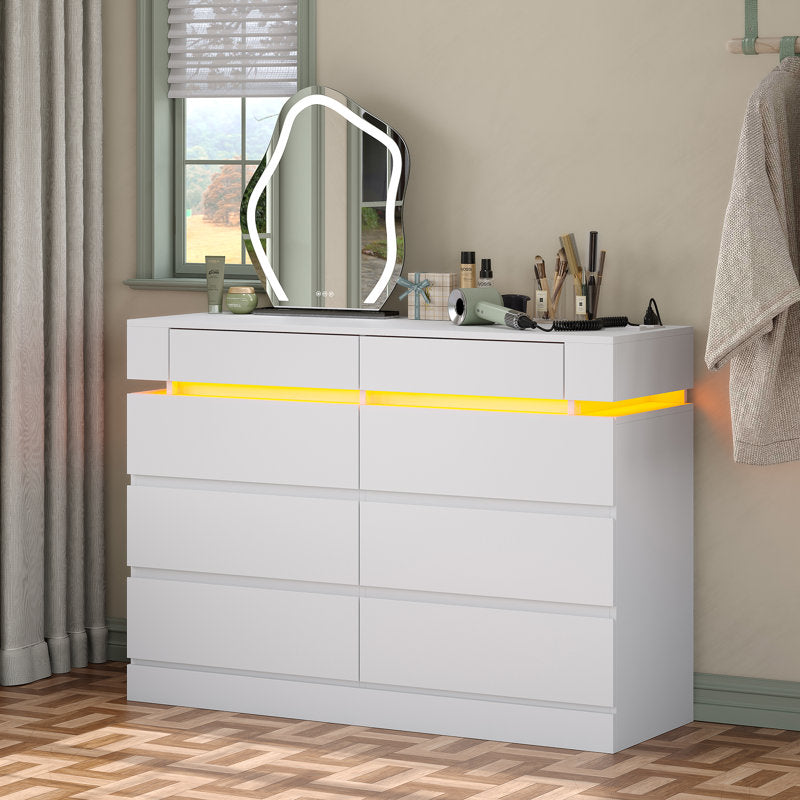 Wide Bedroom Dresser with LED Accent Shelf, Minimalist Storage Cabinet