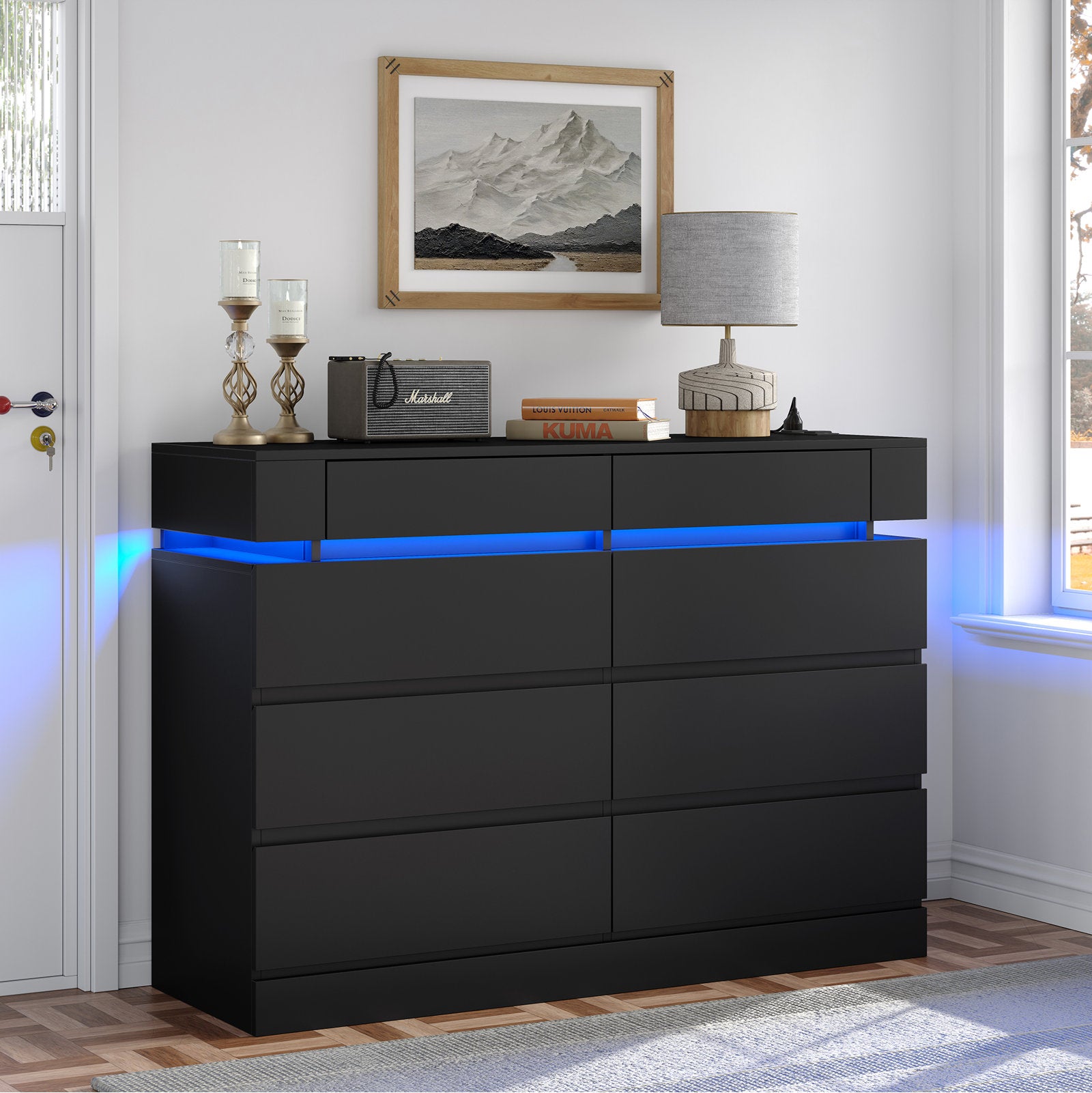 Wide Bedroom Dresser with LED Accent Shelf, Minimalist Storage Cabinet