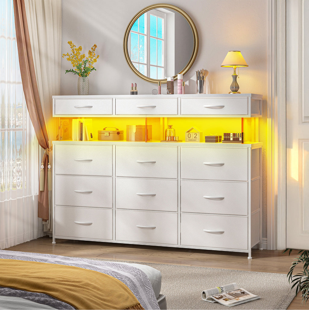 Extra Wide Dresser with LED Light Shelf, 9-Drawer Modern Storage Cabinet for Bedroom