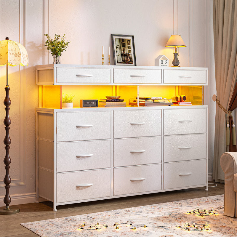Extra Wide Dresser with LED Light Shelf, 9-Drawer Modern Storage Cabinet for Bedroom