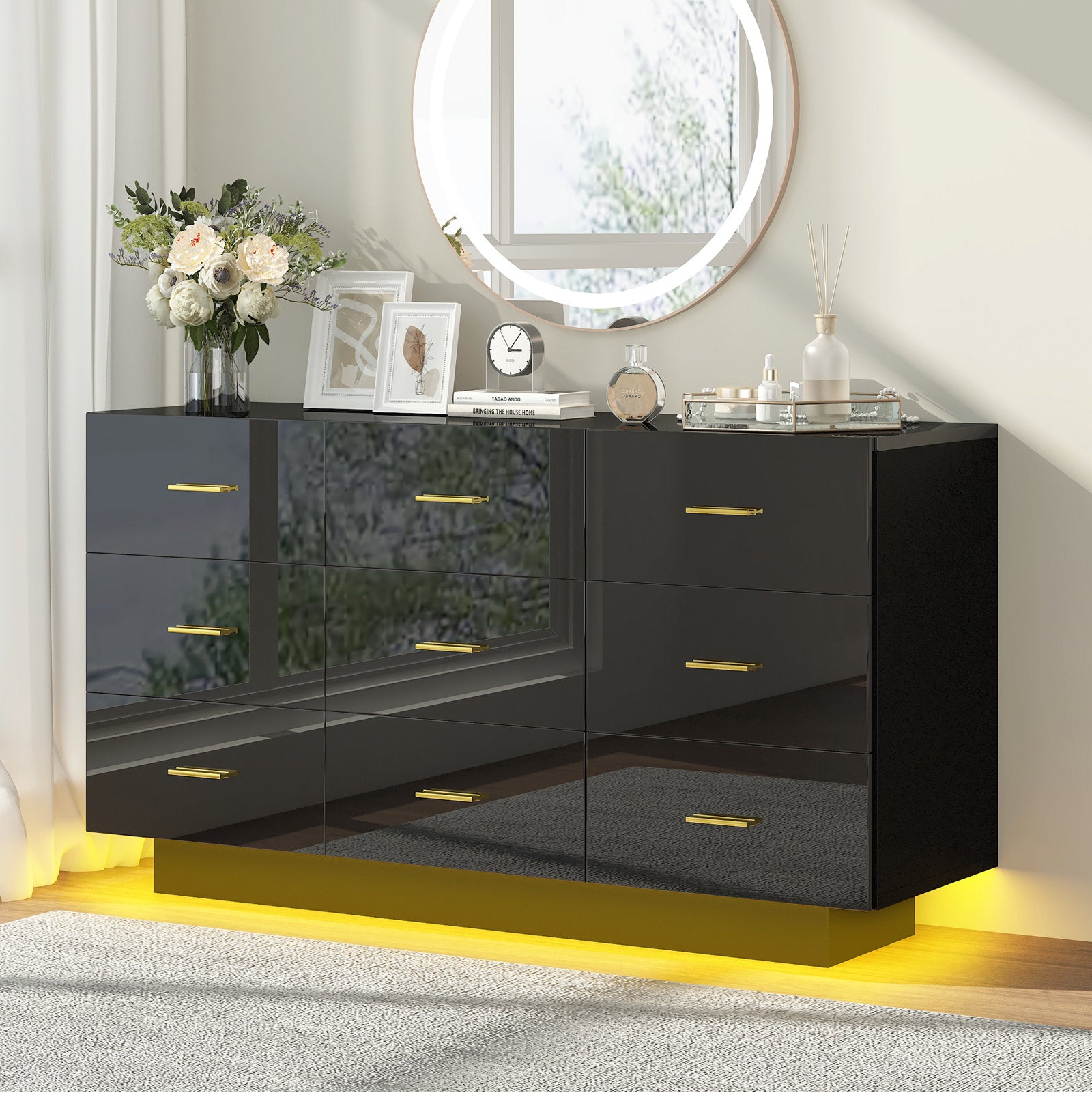 Luxury High Gloss Dresser with LED Underlight and Spacious Storage Drawers